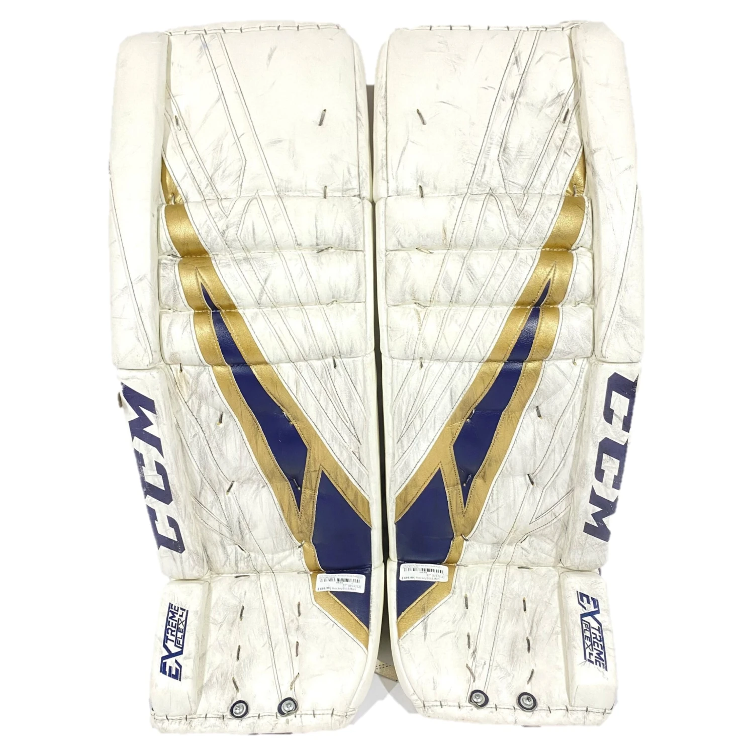 CCM Extreme Flex 4 - Used Pro Stock Goalie Pads - (White/Navy/Gold) 1 CCM Extreme Flex 4 - Used Pro Stock Goalie Pads - (White/Navy/Gold)