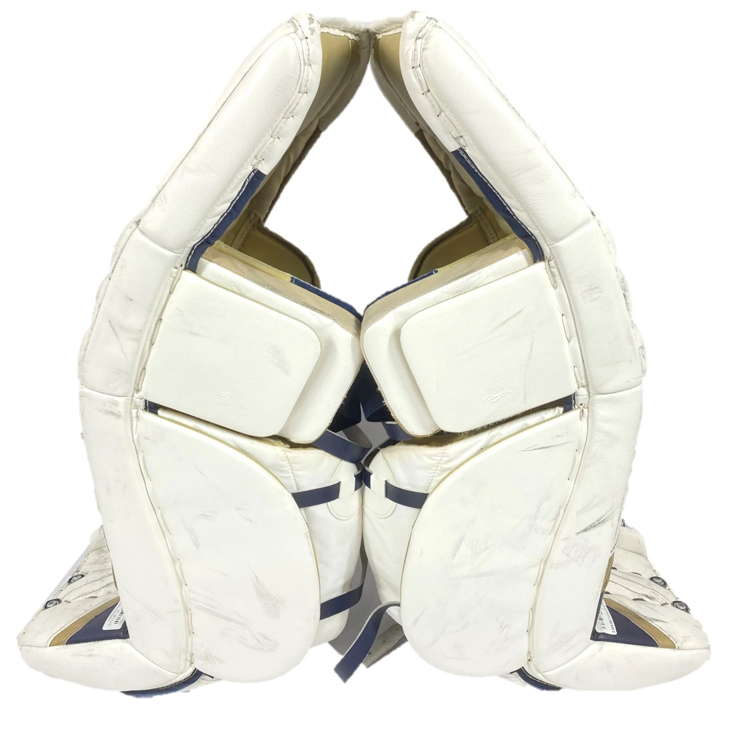 CCM Extreme Flex 4 - Used Pro Stock Goalie Pads - (White/Navy/Gold) 2 CCM Extreme Flex 4 - Used Pro Stock Goalie Pads - (White/Navy/Gold) - Image 2