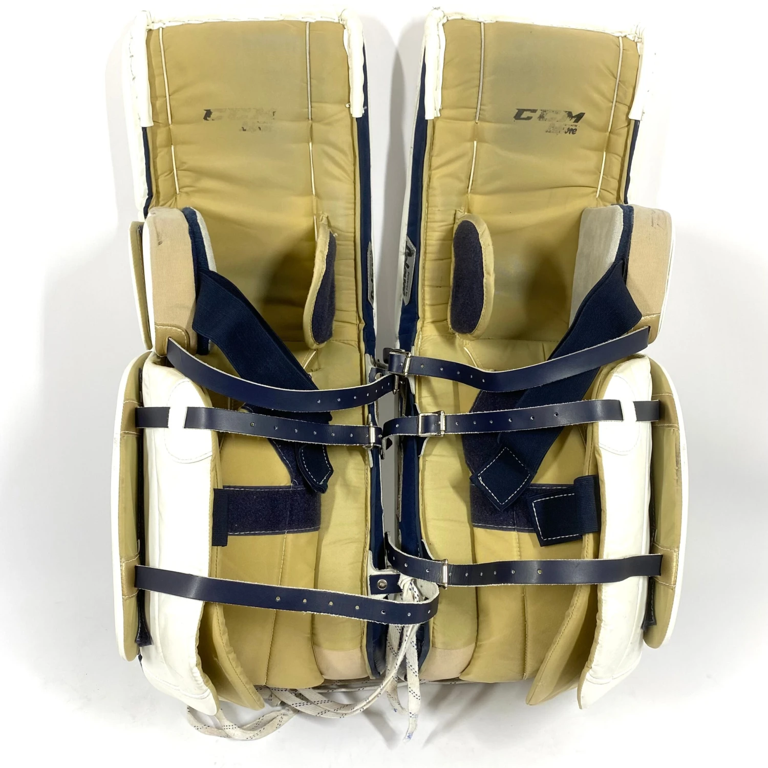 CCM Extreme Flex 4 - Used Pro Stock Goalie Pads - (White/Navy/Gold) 3 CCM Extreme Flex 4 - Used Pro Stock Goalie Pads - (White/Navy/Gold) - Image 3