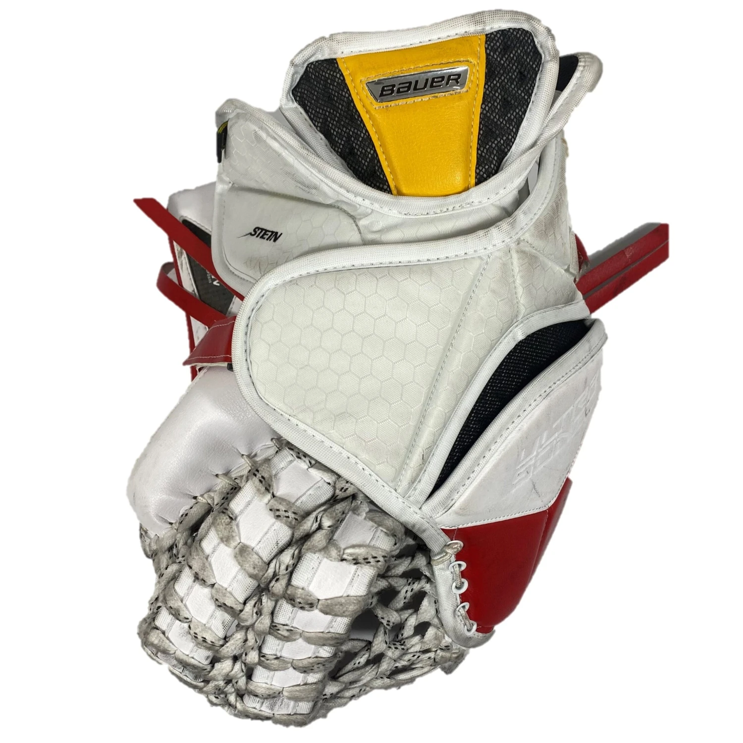 Bauer Supreme 2S Pro - Used Pro Stock Goalie Glove (White/Red/Yellow) 3 Bauer Supreme 2S Pro - Used Pro Stock Goalie Glove (White/Red/Yellow) - Image 3