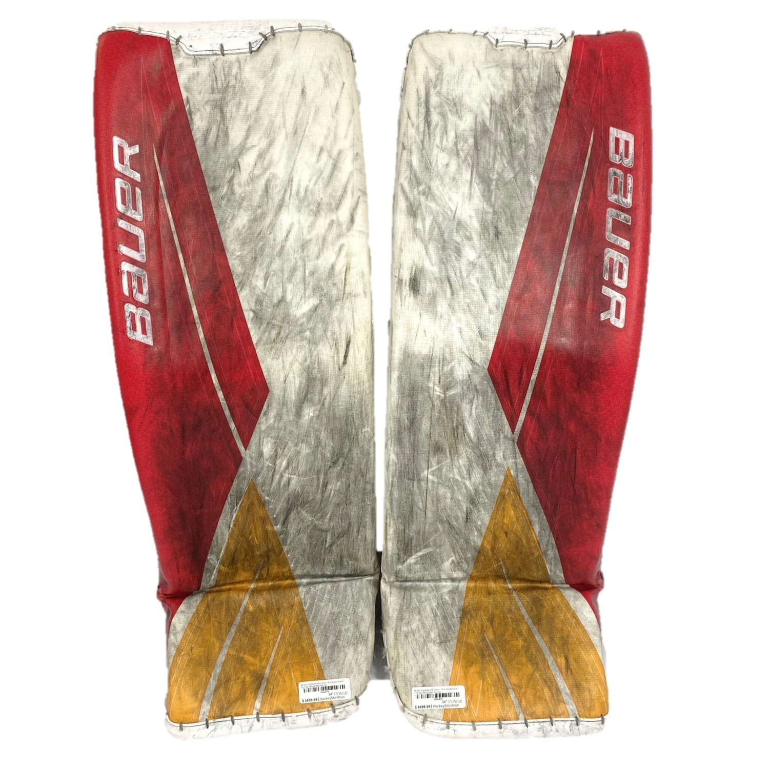 Bauer Supreme Ultrasonic - Used Pro Stock Goalie Pad Set (White/Red/Yellow) 1 Bauer Supreme Ultrasonic - Used Pro Stock Goalie Pad Set (White/Red/Yellow)