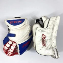 CCM Extreme Flex IV - Used Pro Stock Goalie Pads - Full Set (White/Blue/Red) -Hockey Specialty Shop Photo2023 05 04 43729PM scaled