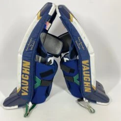 Vaughn Pro Custom - Used NCAA Pro Stock Goalie Pads (White/Blue/Gold) -Hockey Specialty Shop Photo2023 06 09 10356PM scaled