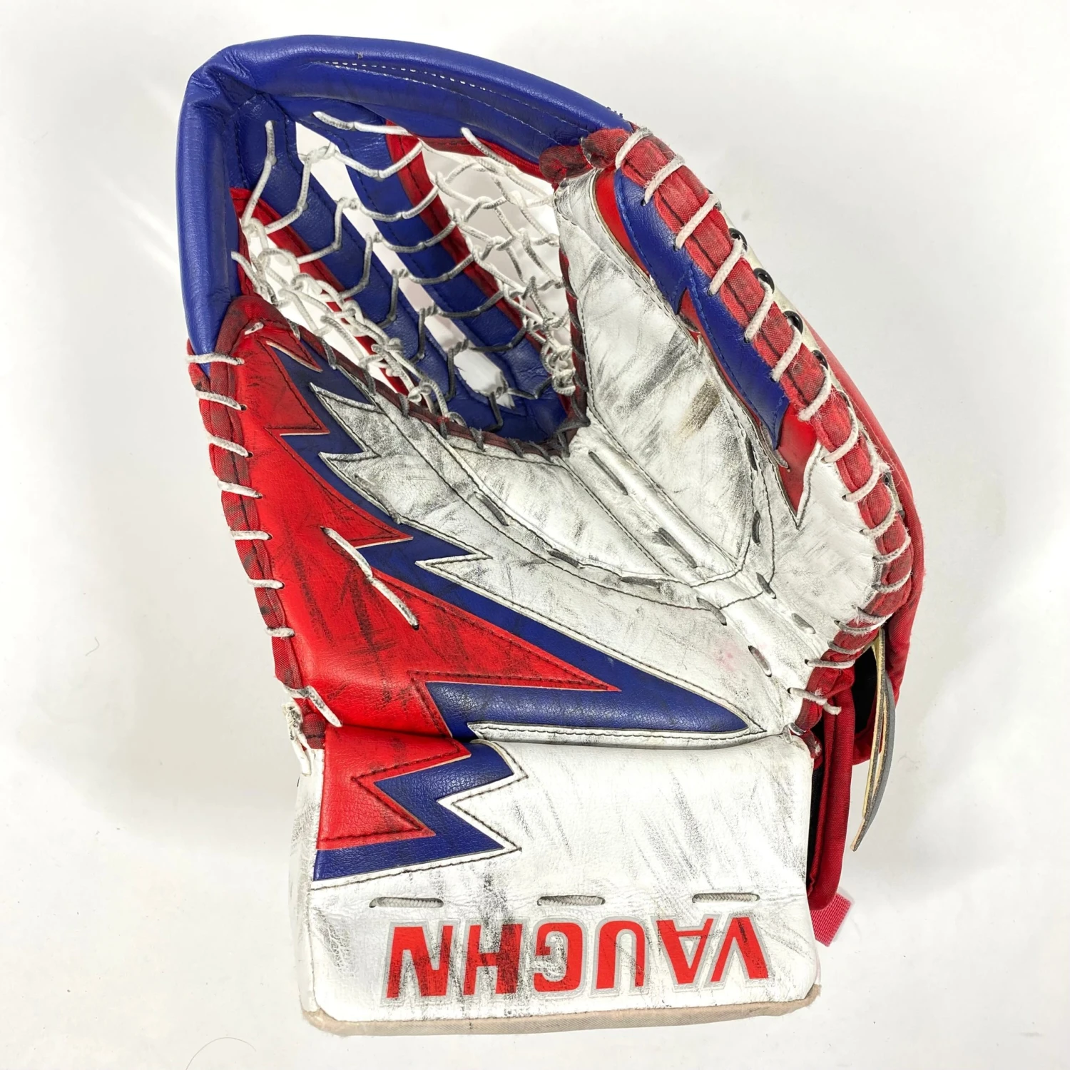 Vaughn Velocity V9 - Used Pro Stock Goalie Glove (Red/Blue/White) 1 Vaughn Velocity V9 - Used Pro Stock Goalie Glove (Red/Blue/White)