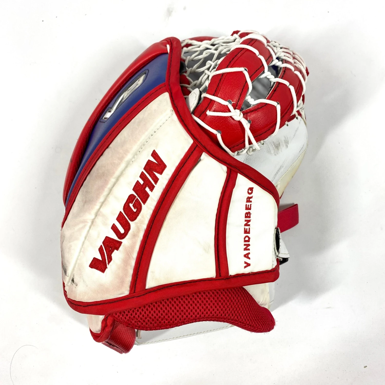 Vaughn Velocity V9 - Used Pro Stock Goalie Glove (Red/Blue/White) 2 Vaughn Velocity V9 - Used Pro Stock Goalie Glove (Red/Blue/White) - Image 2